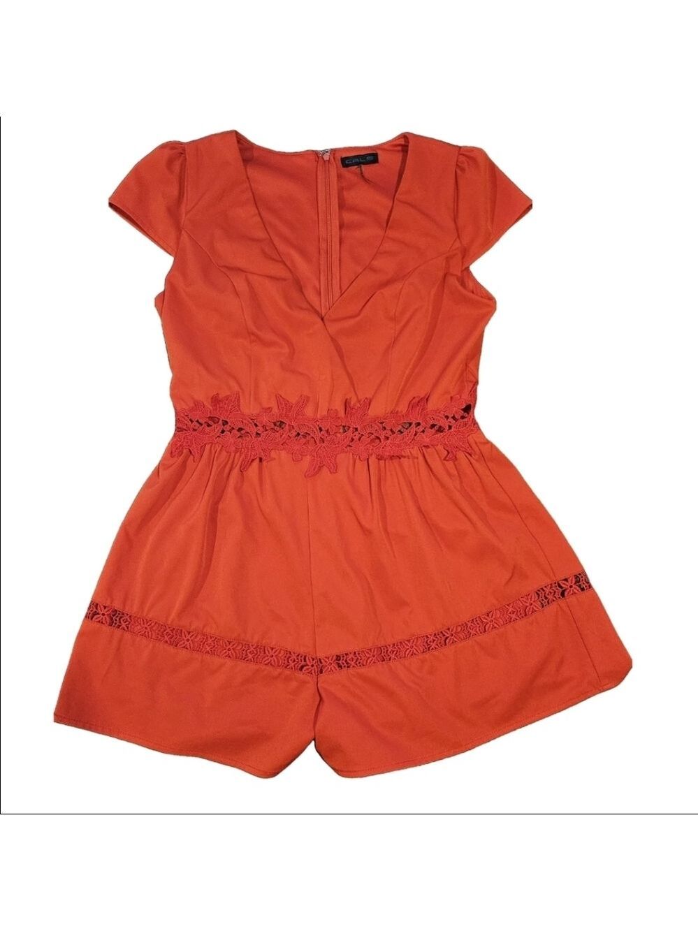 Cals Women's Reddish Orange Embroidered Romper With Built-in Bike Shorts, Large